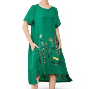 MiniBee Green Linen Blend Embroidered Hi Low Tunic Dress XL Lagenlook